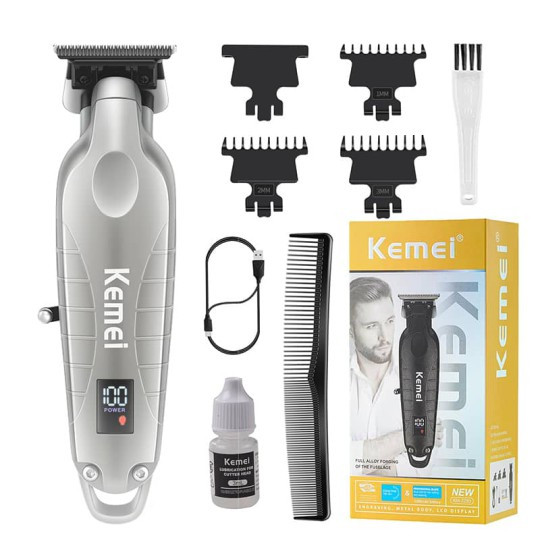 ماشین اصلاح موی سر و صورت کیمی مدل KM-2293 با تیغه کربن استیل خودتیز شونده، موتور 6000 دور در دقیقه، طراحی ارگونومیک، شانه قابل تنظیم 1 تا 3 میلیمتر و باتری 1200 میلیآمپر ساعت با شارژ و عملکرد 180 دقیقهای