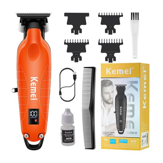 ماشین اصلاح موی سر و صورت کیمی مدل KM-2293 با تیغه کربن استیل خودتیز شونده، موتور 6000 دور در دقیقه، طراحی ارگونومیک، شانه قابل تنظیم 1 تا 3 میلیمتر و باتری 1200 میلیآمپر ساعت با شارژ و عملکرد 180 دقیقهای