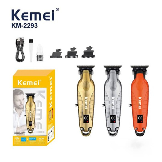 ماشین اصلاح موی سر و صورت کیمی مدل KM-2293 با تیغه کربن استیل خودتیز شونده، موتور 6000 دور در دقیقه، طراحی ارگونومیک، شانه قابل تنظیم 1 تا 3 میلی‌متر و باتری 1200 میلی‌آمپر ساعت با شارژ و عملکرد 180 دقیقه‌ای