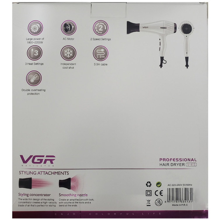 سشوار حرفهای 2200 وات وی جی ار مدل V-413، موتور AC، وزن 802 گرم، المنت سرامیک تورمالین، دارای سری متمرکزکننده باریک، متمرکزکننده پهن با ویژگی صافکنندگی، حجمدهندگی، با قابلیت باد سرد