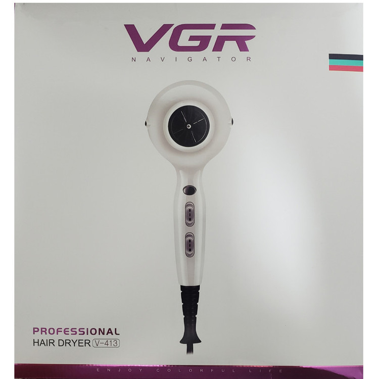سشوار حرفهای 2200 وات وی جی ار مدل V-413، موتور AC، وزن 802 گرم، المنت سرامیک تورمالین، دارای سری متمرکزکننده باریک، متمرکزکننده پهن با ویژگی صافکنندگی، حجمدهندگی، با قابلیت باد سرد