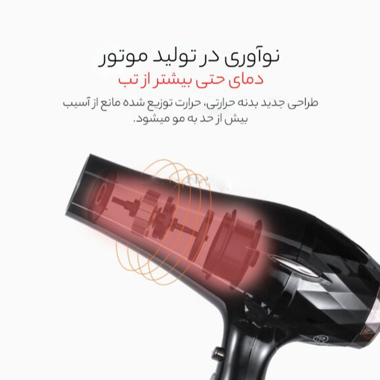 سشوار حرفهای 2200 وات وی جی ار مدل V-413، موتور AC، وزن 802 گرم، المنت سرامیک تورمالین، دارای سری متمرکزکننده باریک، متمرکزکننده پهن با ویژگی صافکنندگی، حجمدهندگی، با قابلیت باد سرد